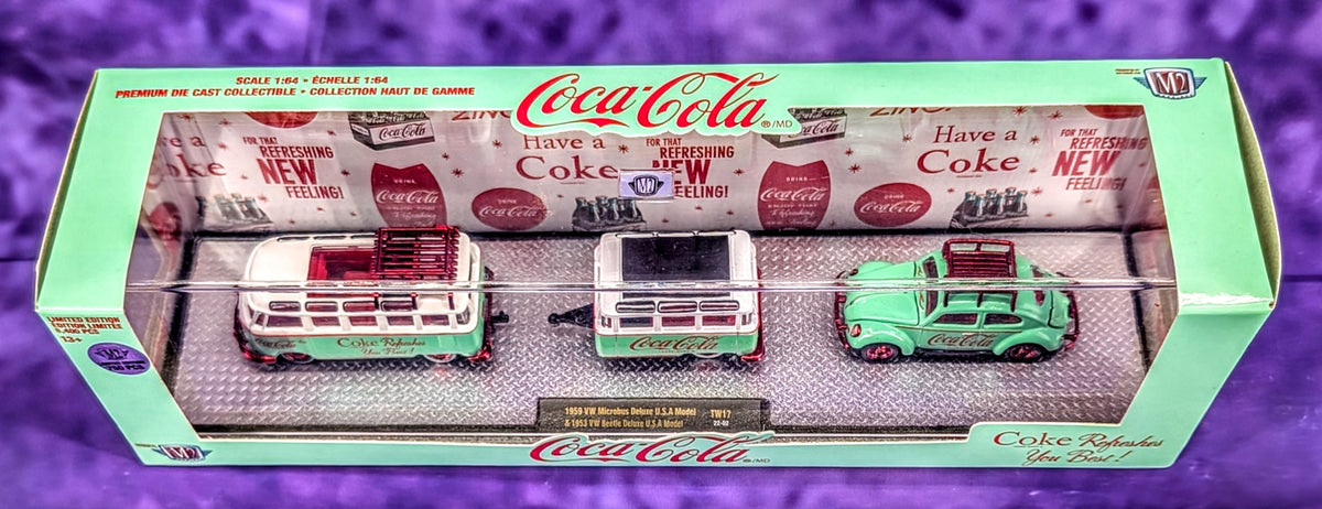 CHASE M2 Machines 1959 VW Microbus Deluxe w/ Trailer & 1953 VW Beetle Deluxe - Coca-Cola - 1 of 750