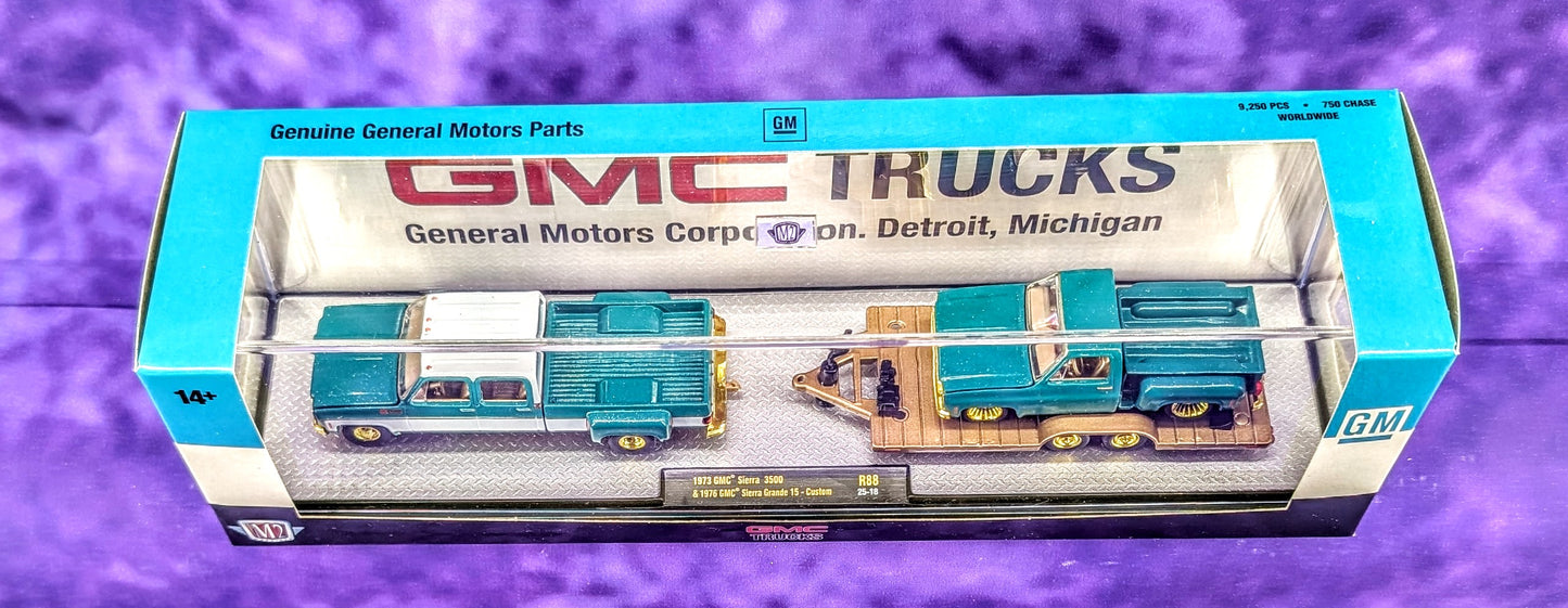 CHASE! M2 Machines 1973 GMC Sierra 3500 & 1976 GMC Sierra Grande 15-Custom - GMC TRUCKS - 1 of 750 - R88 25-18