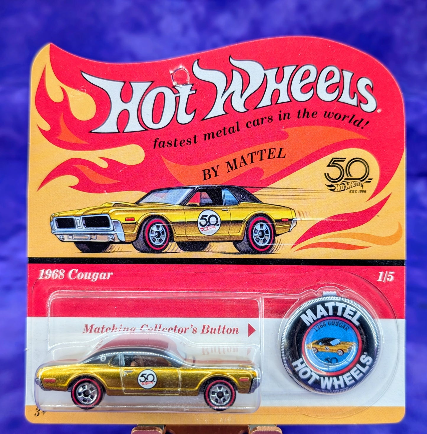Hot Wheels Redline 1968 Mercury Cougar w/ Matching Collector's Button - 50th Anniversary - Unpunched