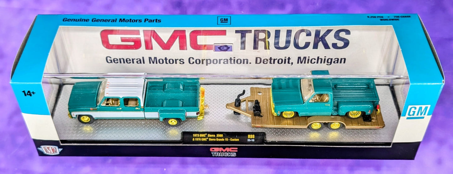 CHASE! M2 Machines 1973 GMC Sierra 3500 & 1976 GMC Sierra Grande 15-Custom - GMC TRUCKS - 1 of 750 - R88 25-18