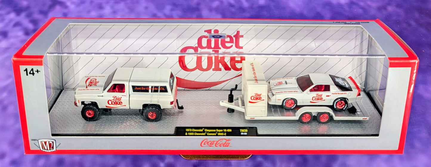 M2 Machines CHASE 1973 Chevrolet Cheyenne Super 10 4X4 & 1985 Chevrolet Camaro IROC-Z Hauler - Diet Coke - TW39 25-09