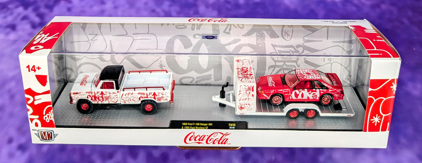 M2 Machines CHASE 1969 Ford F-100 Ranger 4X4 & 1990 Ford Mustang GT Fox Body Hauler - Coca-Cola - TW39 25-08