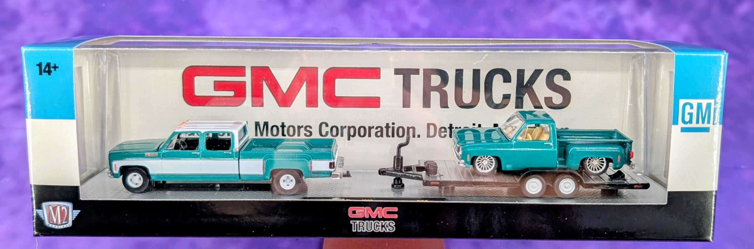 M2 1973 GMC Sierra 3500 in Blue & 1969 Chevrolet Camaro RS in Tan 36000-89 1/64 M2 1973 GMC Sierra 3500 in Blue & 1969 Chevrolet Camaro RS in Tan 36000-89 1/64