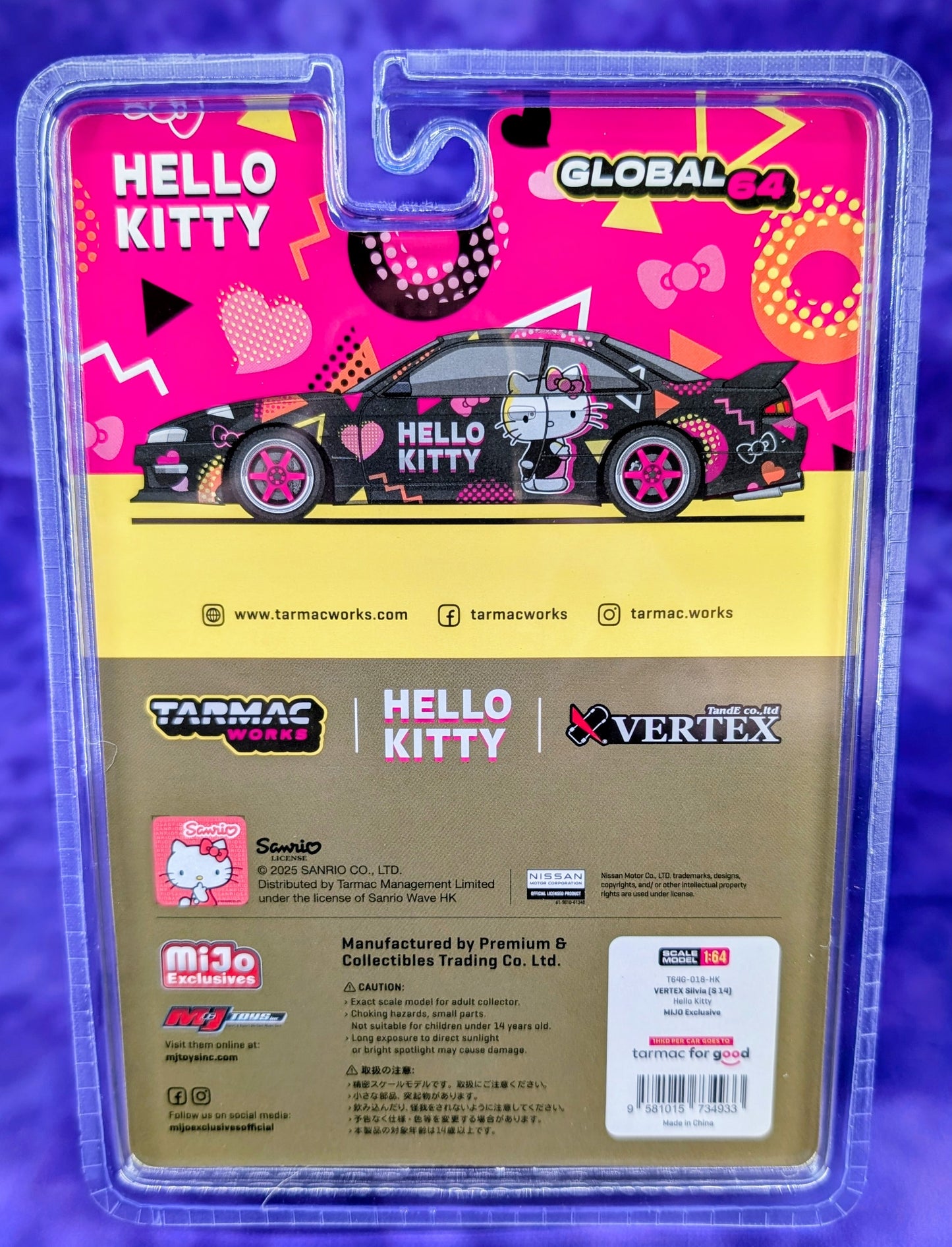 Tarmac Works 1:64 Vertex Silvia S14 - Hello Kitty - Black Chrome - Mijo Exclusives