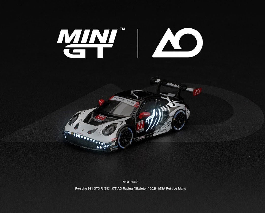 PREORDER: Mini GT x AO Racing Porsche 911 GT3 R (992) #77 "Skeleton Rexy / Skelly" - 2026 IMSA Petit Le Mans - Glow-in-the-Dark