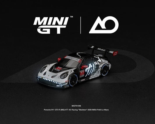 PREORDER: Mini GT x AO Racing Porsche 911 GT3 R (992) #77 "Skeleton Rexy / Skelly" - 2026 IMSA Petit Le Mans - Glow-in-the-Dark