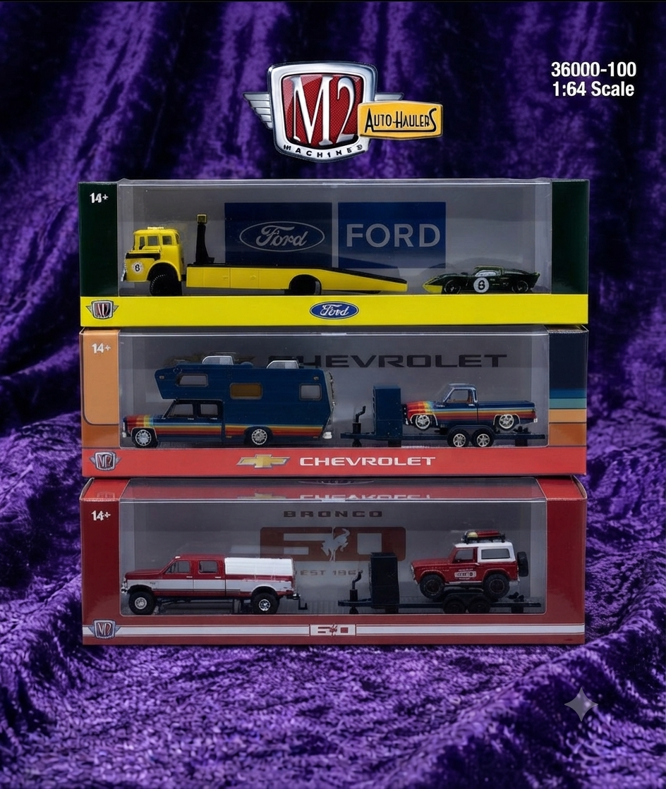 M2 Machines Auto-Haulers Release 100 Complete Set of 3 — feat. '75 Square Body Camper & '78 Silverado