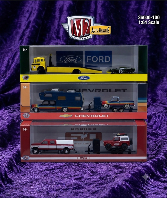 M2 Machines Auto-Haulers Release 100 Complete Set of 3 — feat. '75 Square Body Camper & '78 Silverado