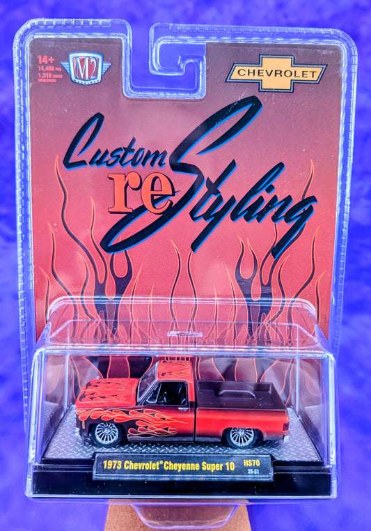 M2 Machines 1:64 1973 Chevrolet Cheyenne Super 10 Custom Re Styling – Red w/ Flames – Hobby Exclusive