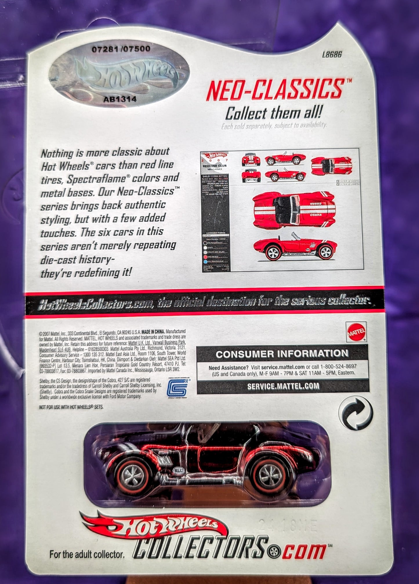 Hot Wheels RLC Shelby Cobra 427 S/C #07281/7500 - 2008 Neo Classics - Red Line Club