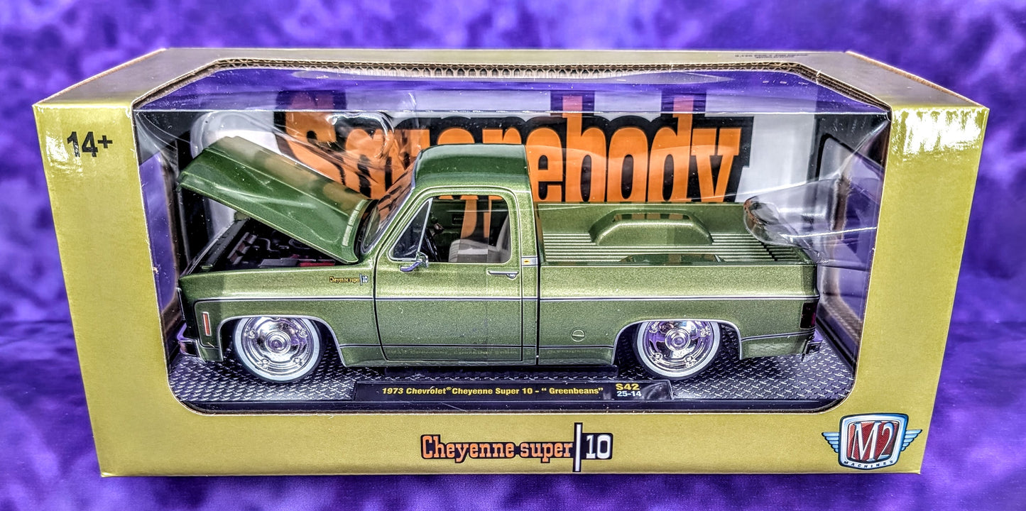 M2 Machines 1973 Chevrolet Cheyenne Super 10 - "Greenbeans" - Squarebody Syndicate - Walmart Exclusive - 1/24 Scale