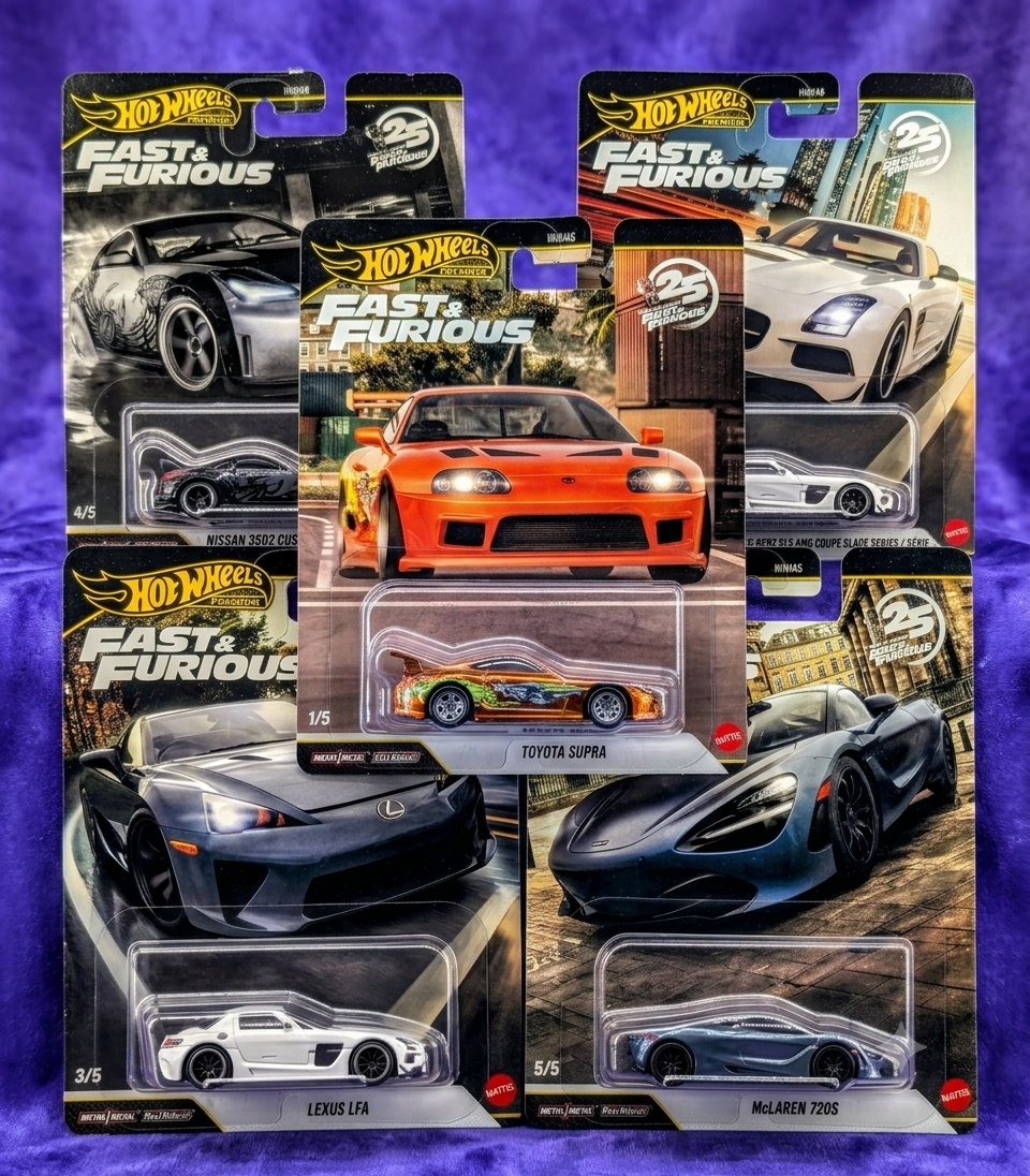 Hot Wheels Fast and Furious 25th Anniversary Complete 5-Car Set w/ CHASE Supra - Premium