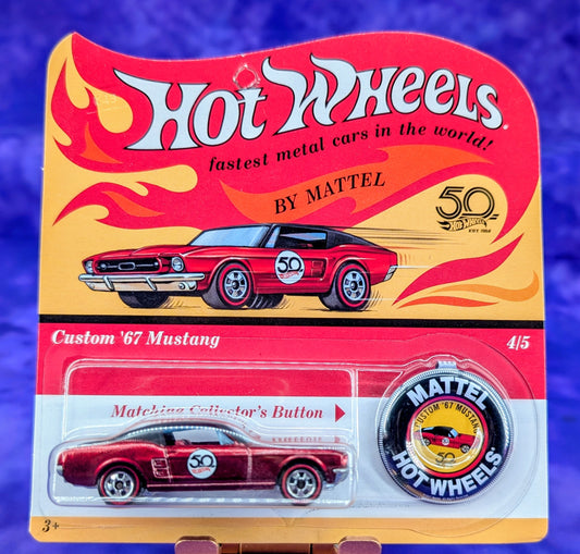 Hot Wheels Redline Custom '67 Mustang w/ Matching Collector's Button - 50th Anniversary - Unpunched