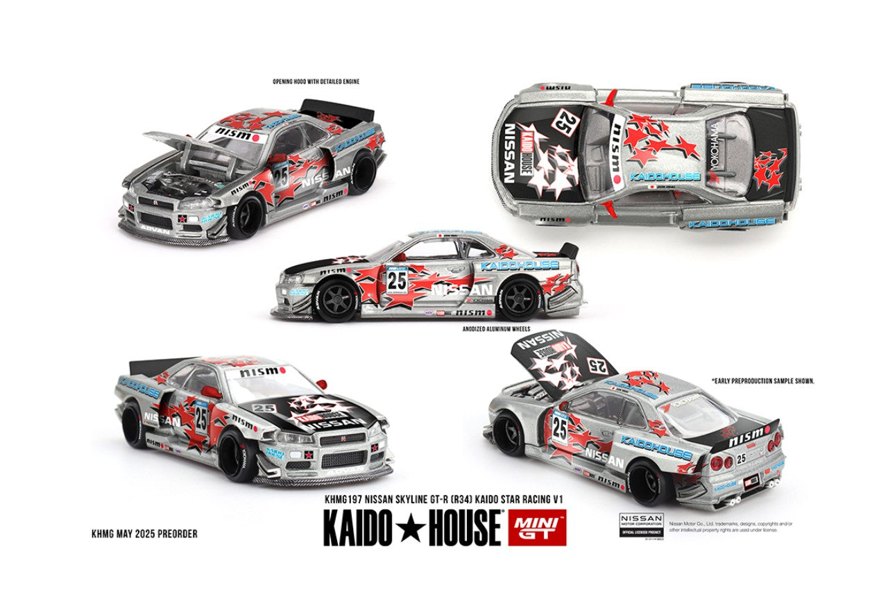 CHASE Kaido House x Mini GT Nissan Skyline GT-R (R34) Kaido Star Racing V1 - # 197 - RAW Metal