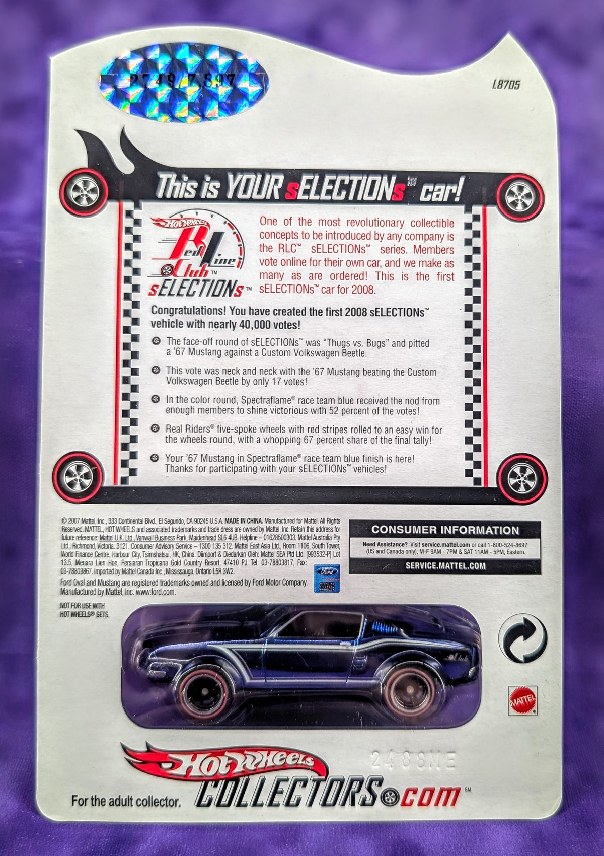 Hot Wheels '67 Mustang - #2749/7897 - 2008 sELECTIONs Series - Red Line Club