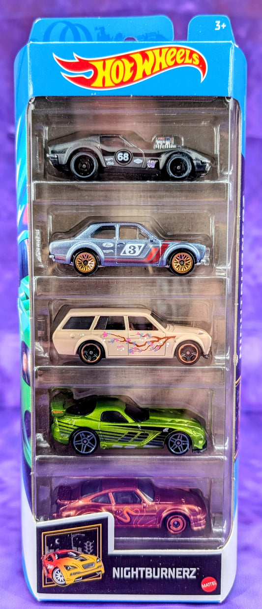 Hot Wheels Nightburnerz 5 Pack - Porsche 934 Turbo RSR, Datsun 510 Wagon, Gas Monkey Corvette - Mainline