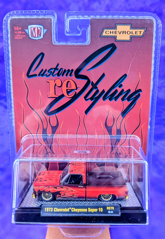 CHASE! M2 Machines 1:64 1973 Chevrolet Cheyenne Super 10 Custom Re Styling – Red w/ Flames – Hobby Exclusive - 1 of 1,318
