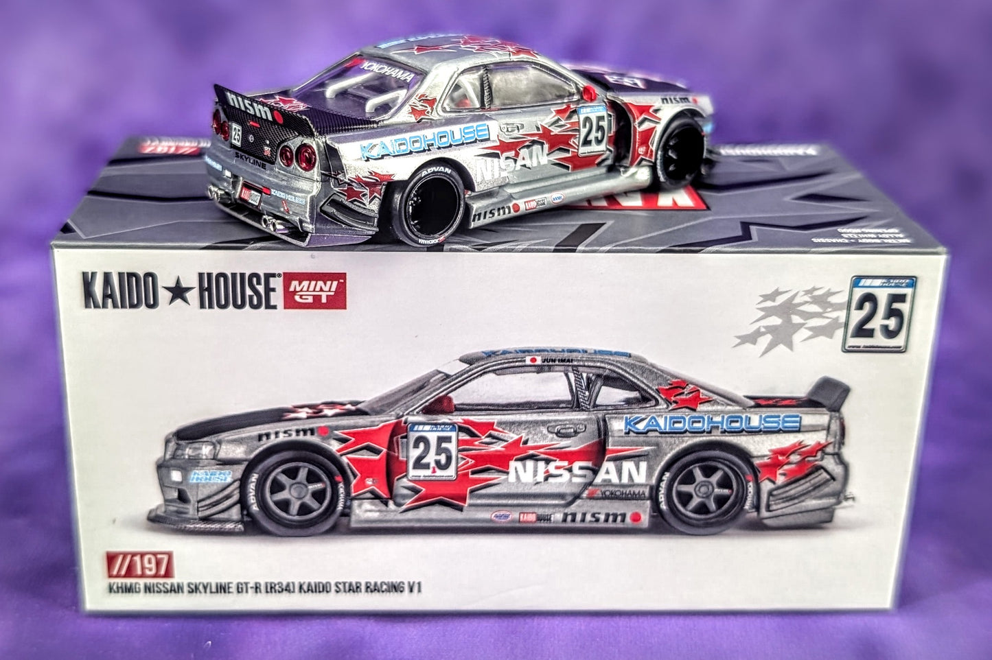 CHASE Kaido House x Mini GT Nissan Skyline GT-R (R34) Kaido Star Racing V1 - # 197 - RAW Metal
