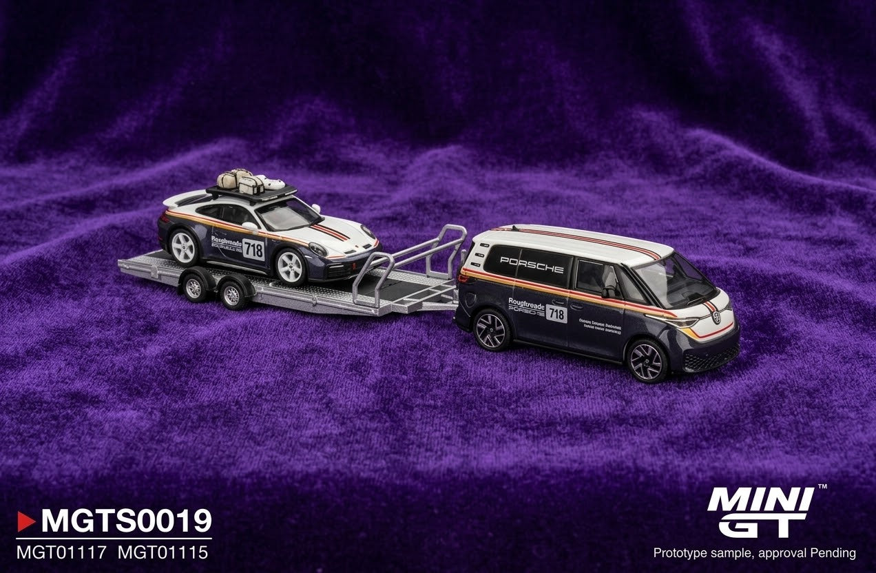 Mini GT Porsche 911 Dakar & Volkswagen ID. Buzz w/ Trailer - Porsche Centrum Gelderland Roughroads Set