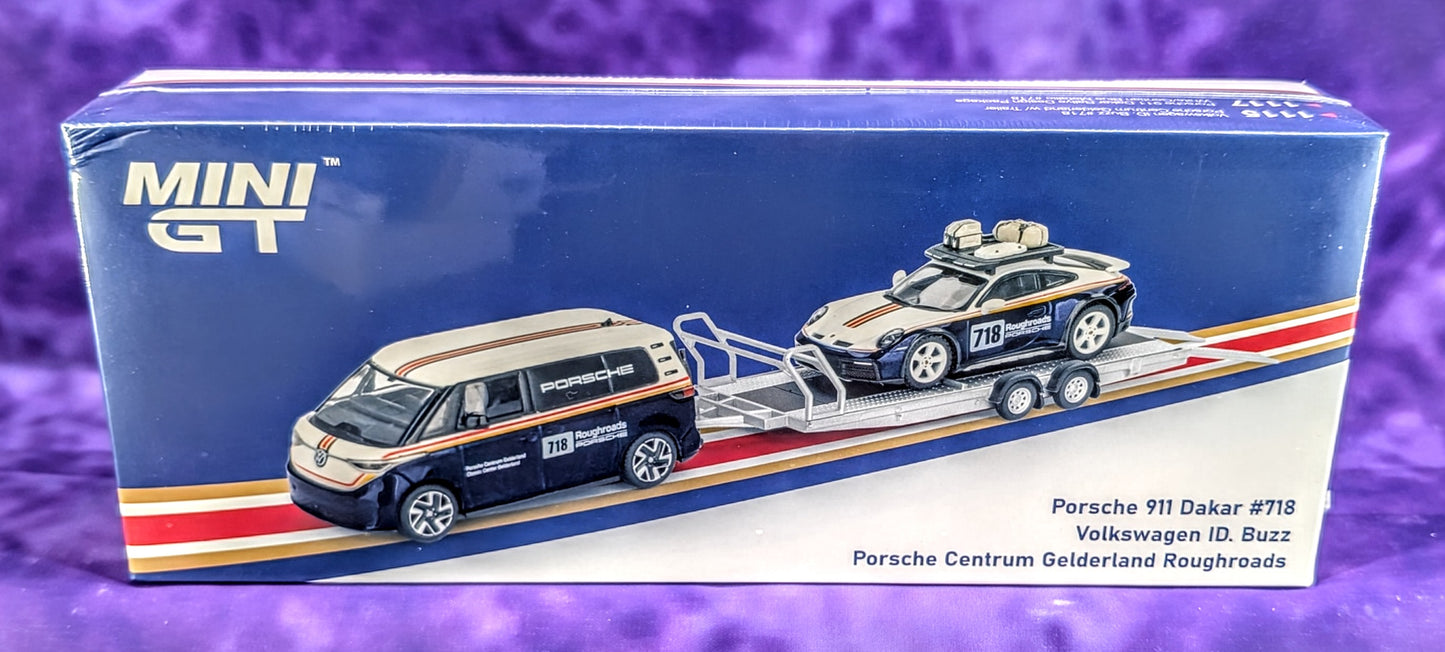 Mini GT Porsche 911 Dakar & Volkswagen ID. Buzz w/ Trailer - Porsche Centrum Gelderland Roughroads Set