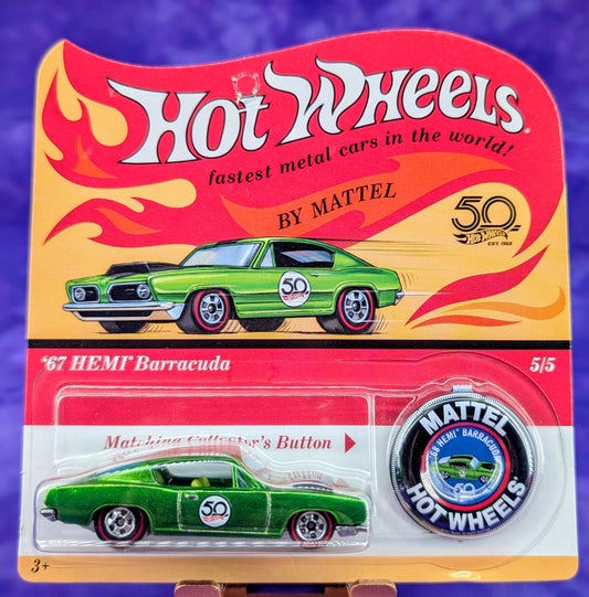 Hot Wheels Redline '67 HEMI Barracuda w/ Matching Collector's Button - 50th Anniversary - Unpunched