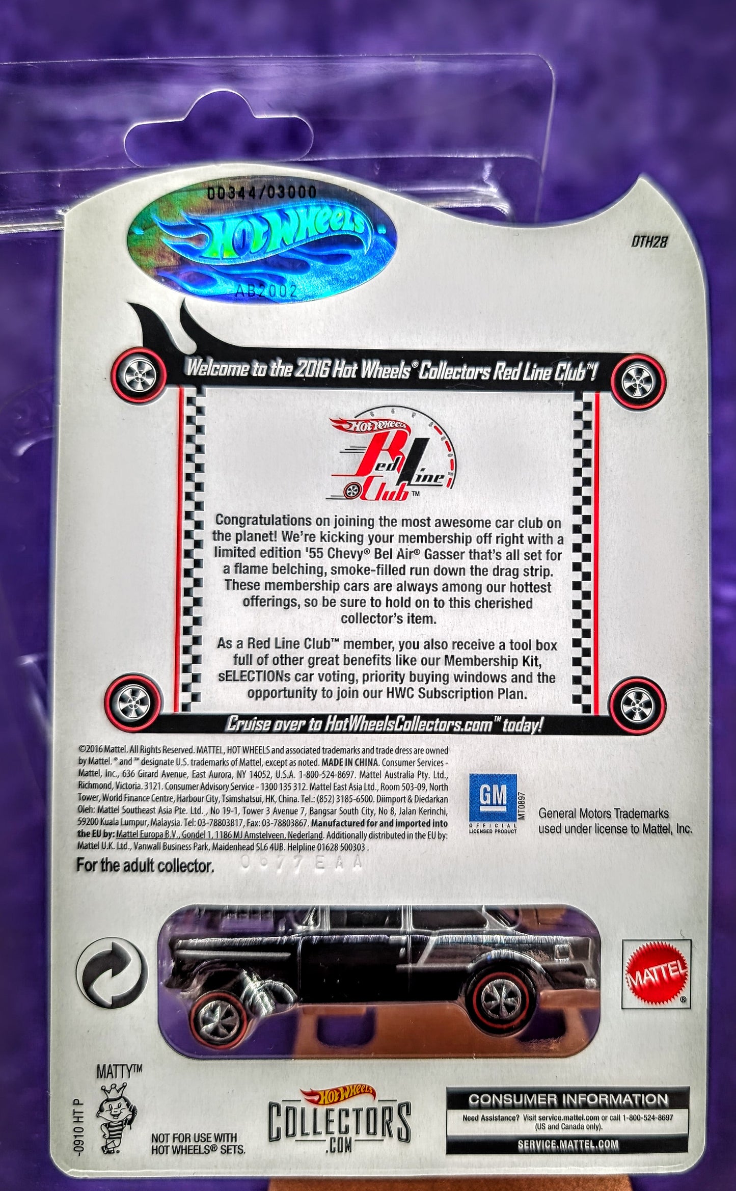 Hot Wheels RLC '55 Chevy Bel Air Gasser #00344/03000 w/ Button - 2016 Club Car - Red Line Club - Very Low Number