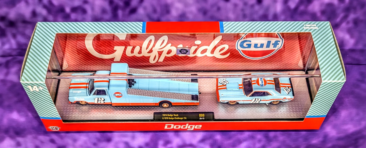 M2 Machines GULF 1974 Dodge Truck & 1970 Dodge Challenger T/A - Auto-Haulers