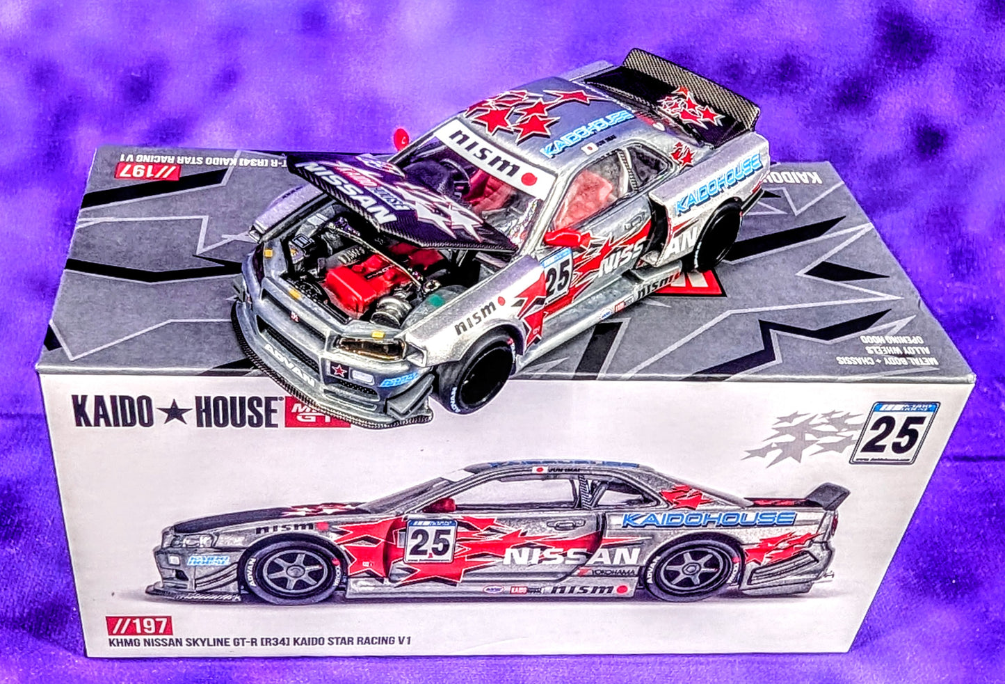 CHASE Kaido House x Mini GT Nissan Skyline GT-R (R34) Kaido Star Racing V1 - # 197 - RAW Metal
