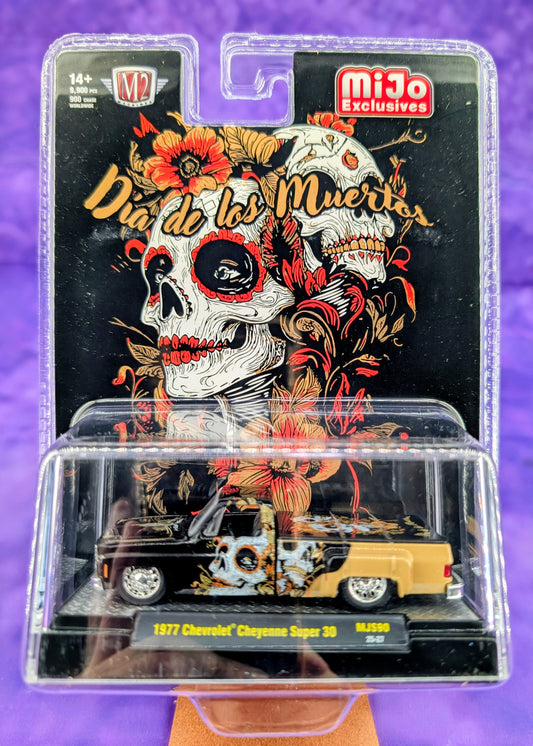 M2 Machines 1:64 1977 Chevrolet Cheyenne Super 30 “Dia De Los Muertos” 2025 – Black Gold – MiJo Exclusives Limited Edition