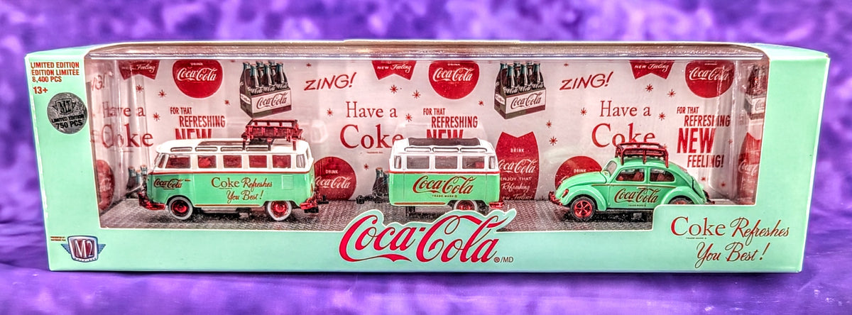 CHASE M2 Machines 1959 VW Microbus Deluxe w/ Trailer & 1953 VW Beetle Deluxe - Coca-Cola - 1 of 750