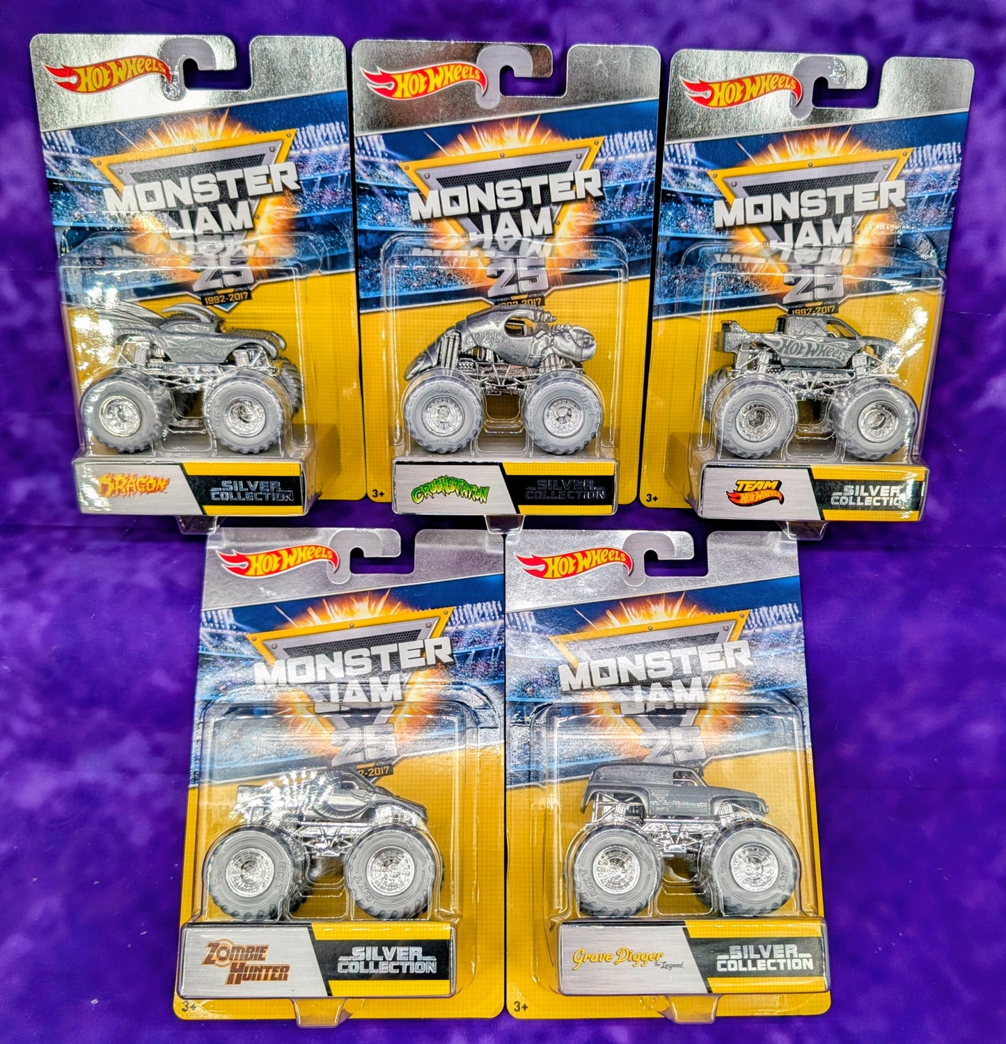 Hot Wheels Monster Jam Silver Collection Set of 5 - 2017 25th Anniversary - See Description