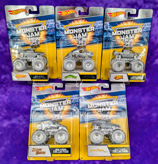Hot Wheels Monster Jam Silver Collection Set of 5 - 2017 25th Anniversary - See Description