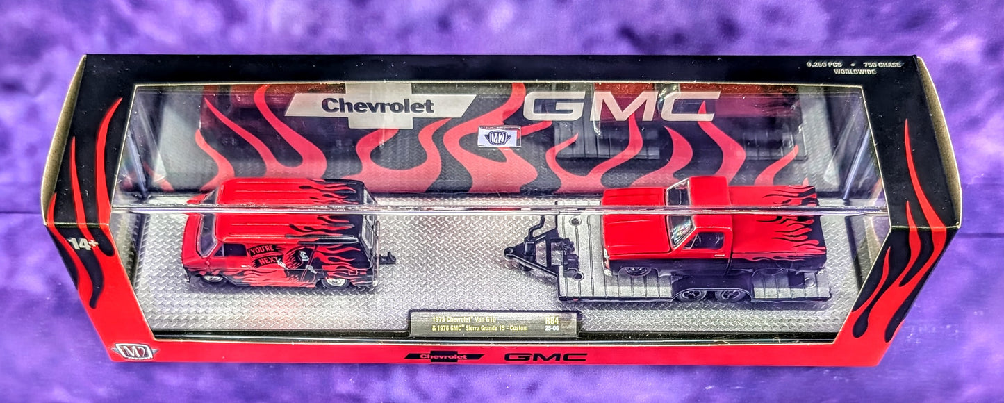 M2 Machines 1973 Chevrolet Van G10 'You're Next' & 1976 GMC Sierra Grande 15 Custom - Auto-Haulers