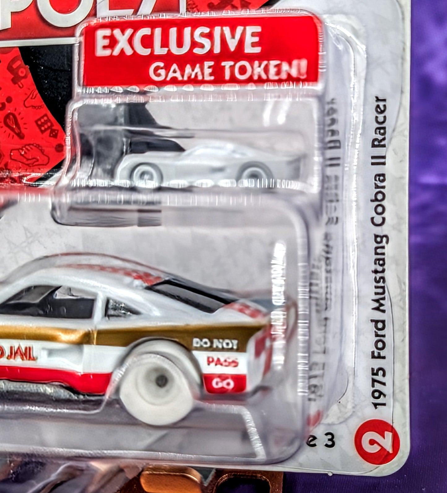 CHASE! Johnny Lightning 1975 Ford Mustang Cobra II Racer - White Lightning - w/ Monopoly Game Token