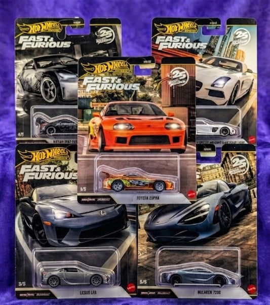 Hot Wheels Fast and Furious 25th Anniversary Complete 5-Car Set w/ CHASE Supra - Premium