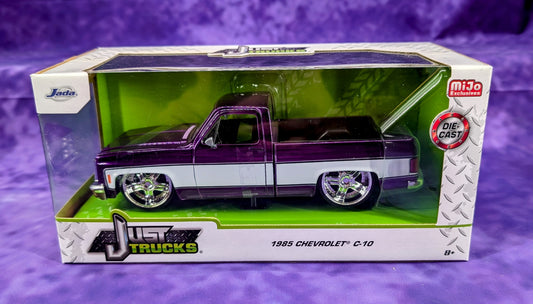 Jada 1/24 1985 Chevrolet C10 Pickup with Lorenzo Wheels – Purple White – Just Trucks – MiJo Exclusives Limited Edition 2,400 Pieces