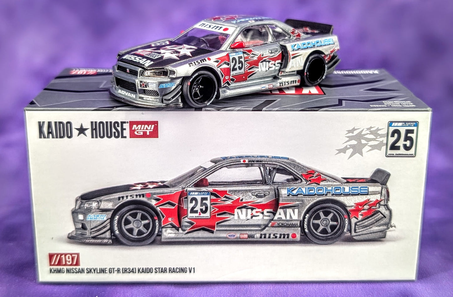 CHASE Kaido House x Mini GT Nissan Skyline GT-R (R34) Kaido Star Racing V1 - # 197 - RAW Metal