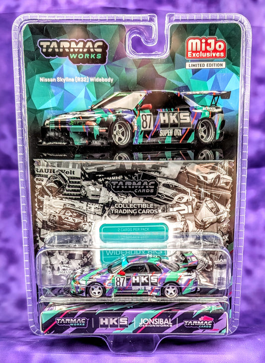 CHASE Tarmac Works Nissan Skyline (R32) Widebody (w/ Trading Cards) - HKS / Jon Sibal Designworks - MiJo Exclusives Limited Edition