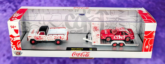 M2 Machines CHASE 1969 Ford F-100 Ranger 4X4 & 1990 Ford Mustang GT Fox Body Hauler - Coca-Cola - TW39 25-08