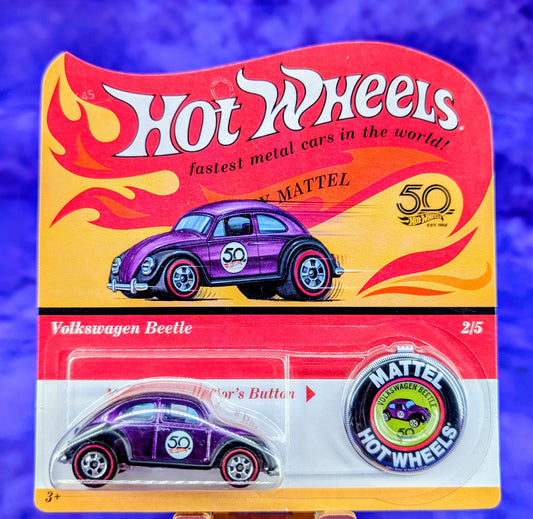 Hot Wheels Redline Volkswagen Beetle w/ Matching Collector's Button - 50th Anniversary - Unpunched