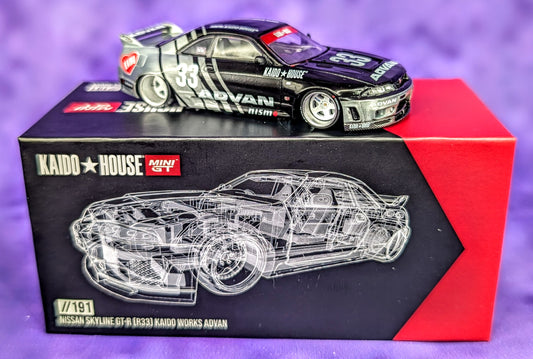 CHASE! Kaido House x Mini GT 1:64 Nissan Skyline GT-R (R33) Kaido Works ADVAN - RAW METAL