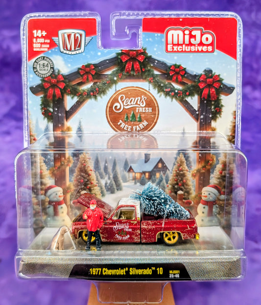 CHASE! M2 Machines 1:64 Diorama Sean’s Fresh Tree Farm 1977 Chevrolet Silverado 10 with Sean Figure & Dog Limited 600 Pcs – Mijo Exclusives