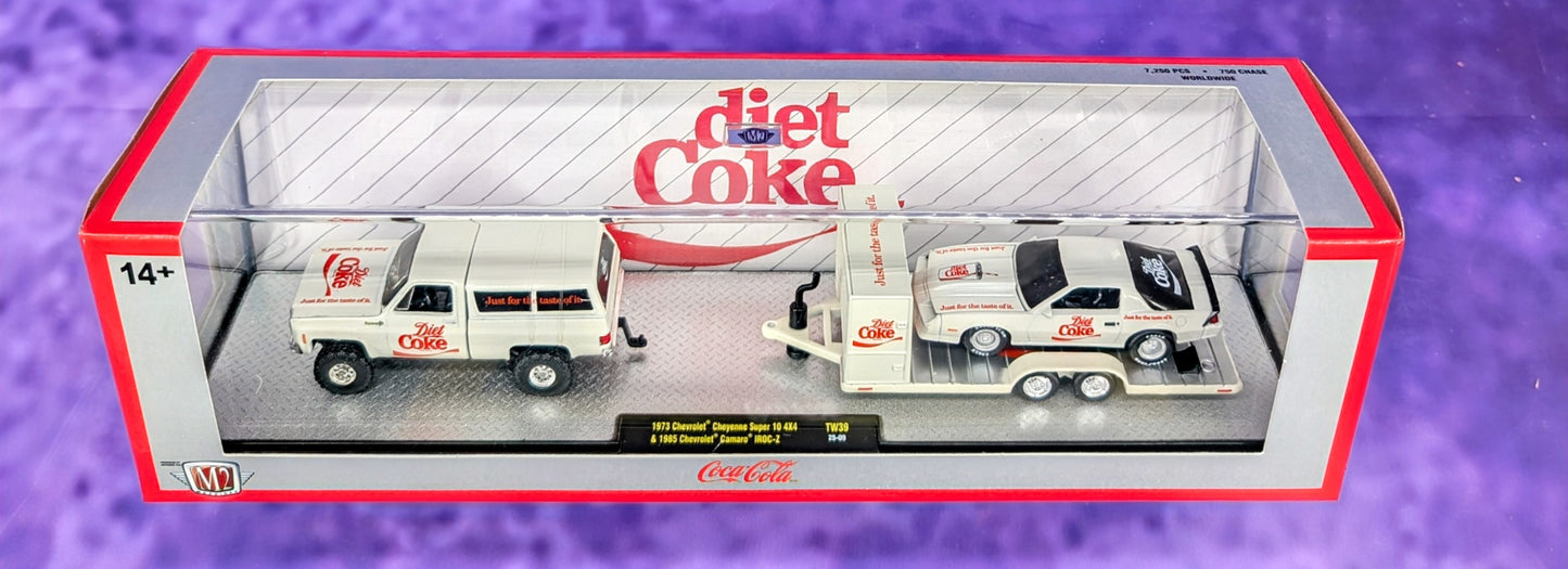 M2 Machines 1973 Chevrolet Cheyenne Super 10 4X4 & 1985 Chevrolet Camaro IROC-Z - Diet Coke - TW39 25-09