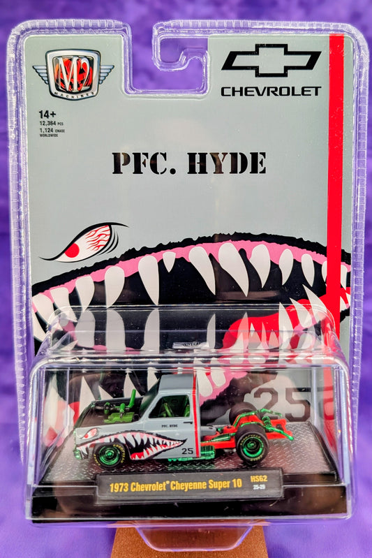 CHASE! M2 Machines 1:64 1973 Chevrolet Cheyenne Super 10 “PFC. HYDE” Shark Face – Hobby Exclusive - 1 of 1,124