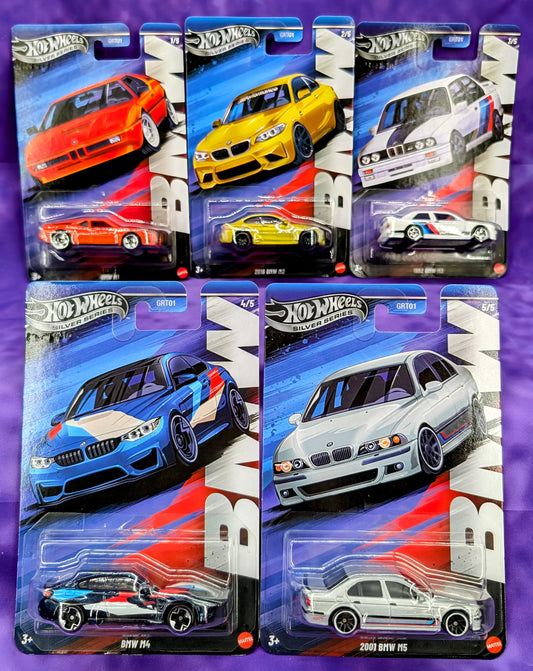 Hot Wheels BMW Silver Label Set of 5 cars- w/ "Unofficial Chase" M5 w/ Metal Chassis
