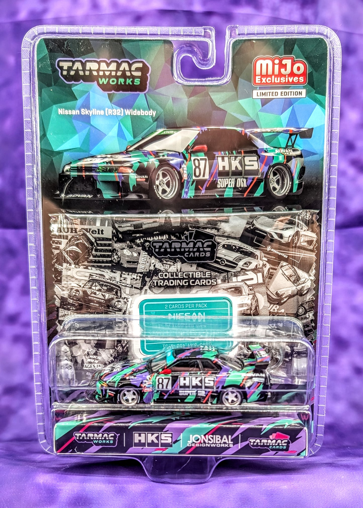 Tarmac Works Nissan Skyline (R32) Widebody (w/ Trading Cards) - HKS / Jon Sibal Designworks - MiJo Exclusives Limited Edition