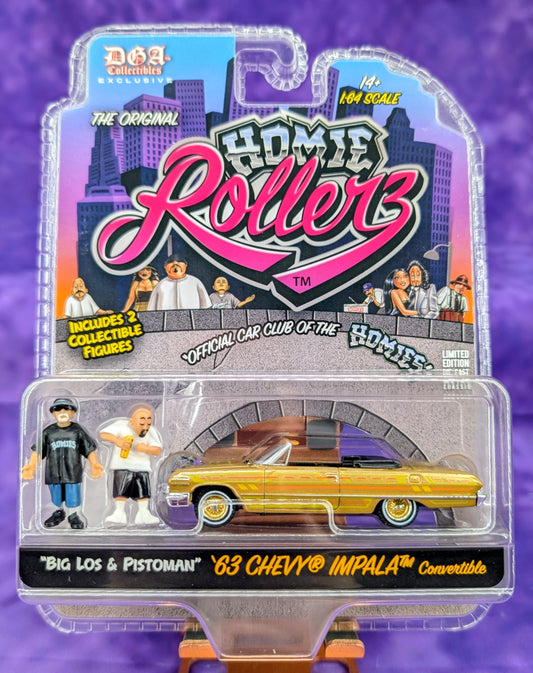 CHASE! Homie Rollerz 1963 Chevrolet Impala SS Convertible w/ Big Los & Pistoman - Greenlight x DGA